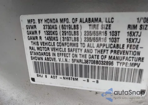 2008 Honda Odyssey Ex-L из США, поврежденный, VIN 5FNRL38708B032896